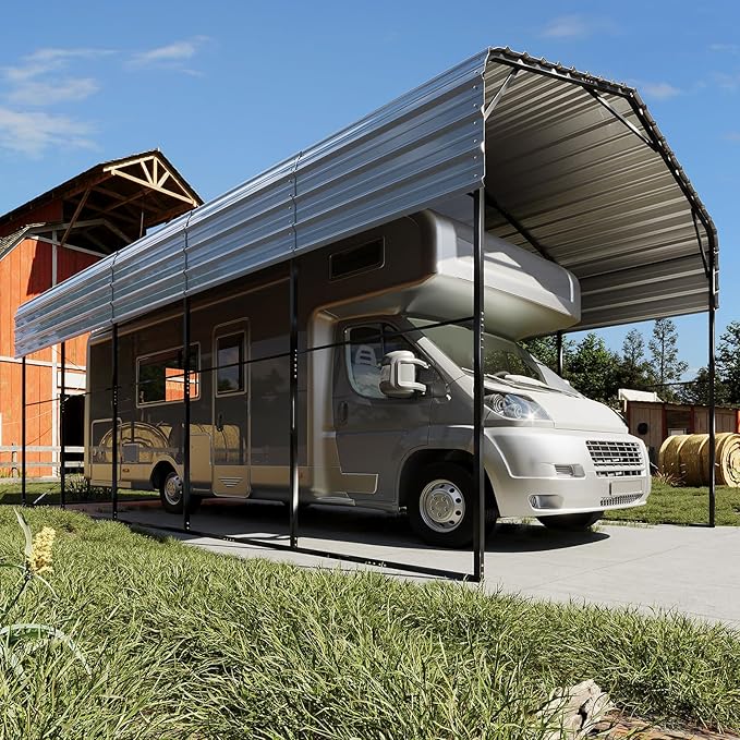 EROMMY 14x25 FT RV Metal Carport, Heavy Duty Carports with Reinforced Steel Frame, Weather-Resistant Galvanized-Steel Roof Shelters, Outdoor Car Shed for 2 Vehicles, Truck, Boat and SUV, Gray