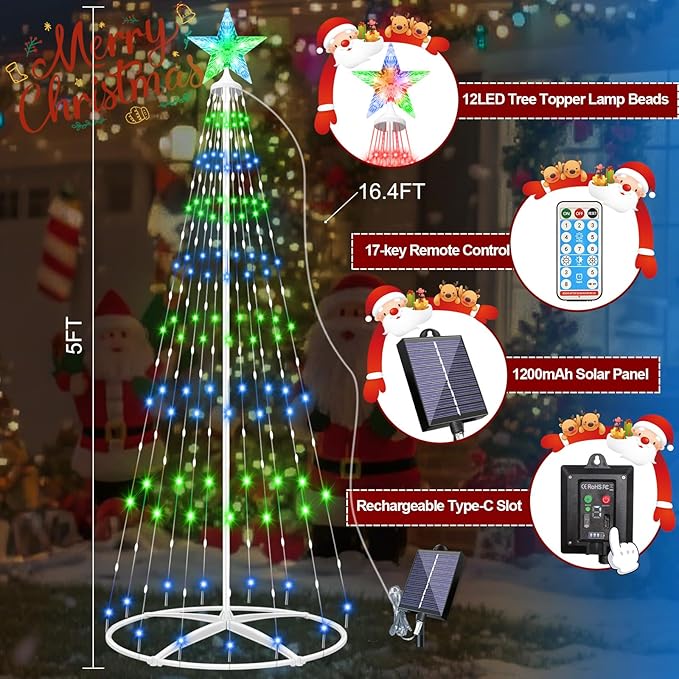 Forlivese 204LED Outdoor Solar Christmas Tree Lights, 5FT Lighted Artificial Cone Tree with Remote, 8 Modes, USB Charge, Timer & Waterproof Christmas Tree Decor for Garden Yard Patio, Multicolor