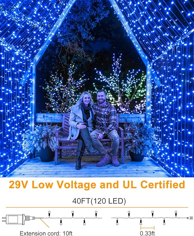 40FT 120 LED Christmas Lights Outdoor, Blue Christmas String Lights with 8 Modes & Waterproof, Connectable Plug in Christmas Tree Lights for Indoor Bedroom Home Holiday Decorations
