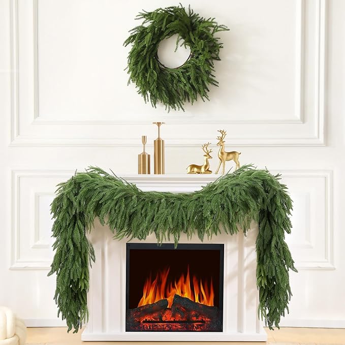2 PCS Artificial 6FT Christmas Norfolk Pine Garland, Realistic Greenery Garland for Indoor Outdoor Door Porch Fireplace Wall Staircase Holiday Christmas Decorations