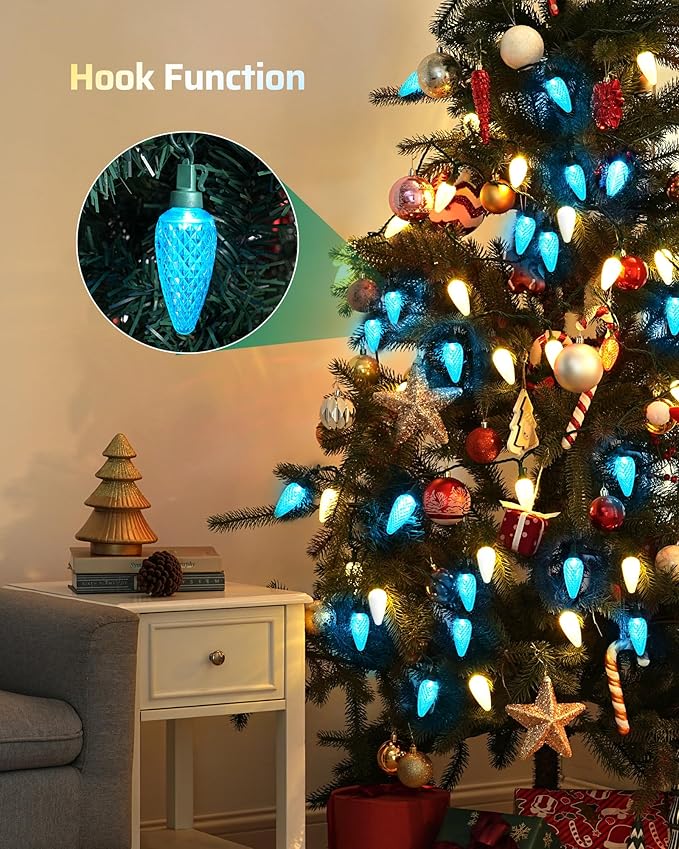 DEWENWILS C9 LED Christmas Lights Outdoor, 33.3ft 50LED Christmas String Lights, Outdoor Decorations for Christmas Tree, Patio, Garden, Yard, Green Wire, Blue & White, UL Listed