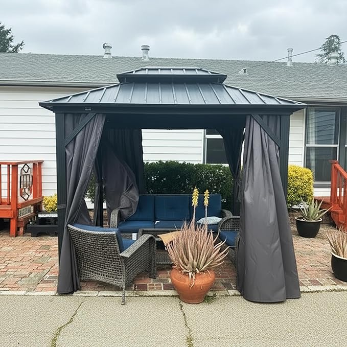 PURPLE LEAF 8' X 10' Permanent Hardtop Gazebo with Galvanized Steel Double Roof for Patio Lawn Garden Aluminum Gazebo with Netting and Curtains Grey