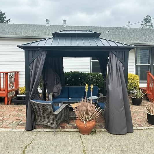 PURPLE LEAF 8' X 10' Permanent Hardtop Gazebo with Galvanized Steel Double Roof for Patio Lawn Garden Aluminum Gazebo with Netting and Curtains Grey