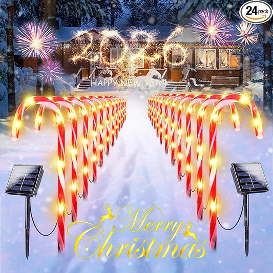 Upgraded 24 Pack Solar Candy Cane Lights Outdoor, Solar Christmas Lights Outdoor Waterproof with 8 Modes, Xmas Pathway Candy Cane Christmas Decorations Outside for Garden Lawn Yard Party
