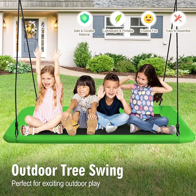 Costzon 700lb Giant 60'' Platform Tree Swing for Kids and Adults, Wear- Resistant Indoor/Outdoor Rectangle Swing with Durable Steel Frame and 2 Hanging Straps for Porch, Backyard (Green)
