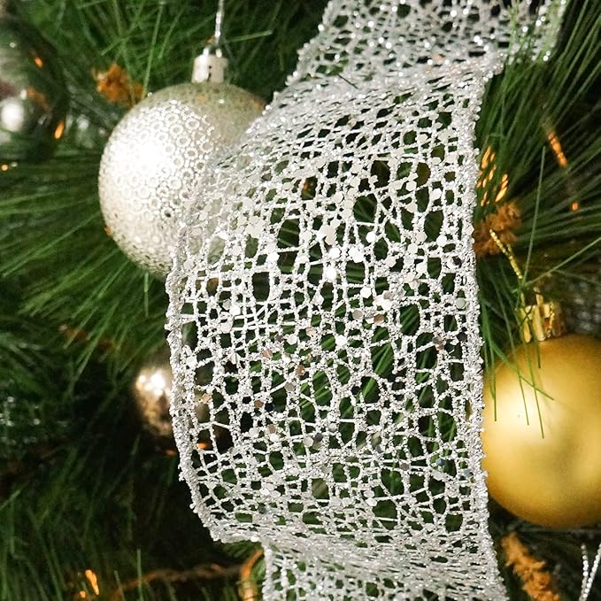 CT CRAFT LLC Sliver Snowflake Christmas Tree Topper Bow 11" with 4 Ribbon Streamers x 3 Yards Long Each for Holidy Elegant Fancy Home Décor Indoor