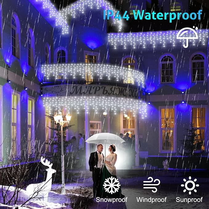 49FT 128 Functions Christmas Icicle Lights Outdoor with 504 LED 8 Modes and Timer Curtain Lights Outside for Garden Holiday Gatherings Indoor Outdoor Decorations