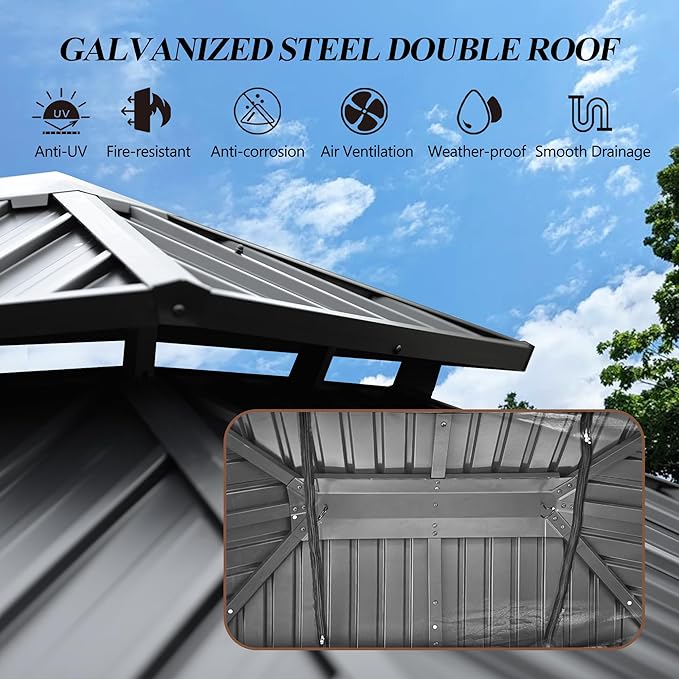 GARTOO 10' x 12' Outdoor Wood Gazebo - Permanent Wooden Hardtop Gazebo Pavilion with Double Curtains, Galvanized Steel Roof Cedar Wood Gazebos for Lawn, Garden, Poolside, Backyard Deck