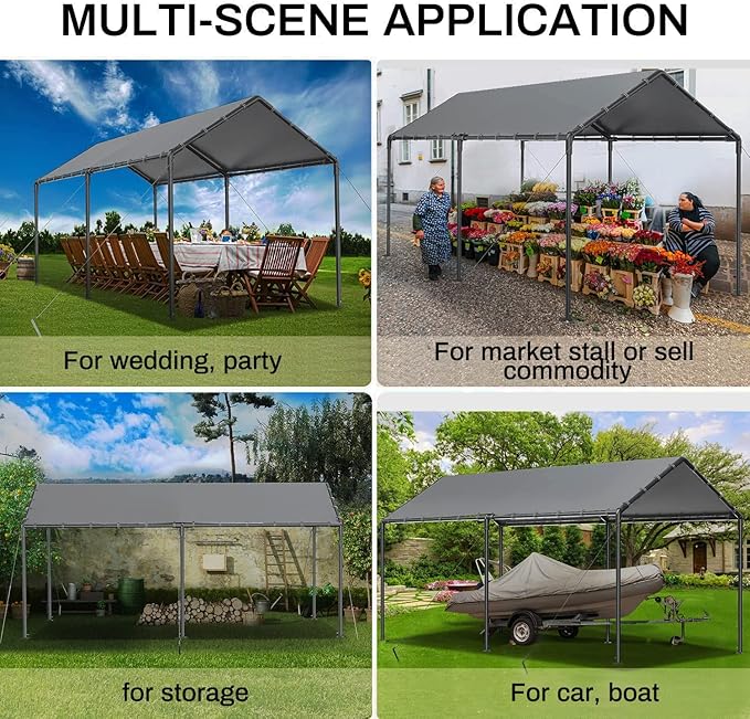 Outdoor Carport 10x20ft Heavy Duty Car Tent, Portable Garage Canopy Storage Shed, All-Season Tarp Tent for Car, Party (GY)