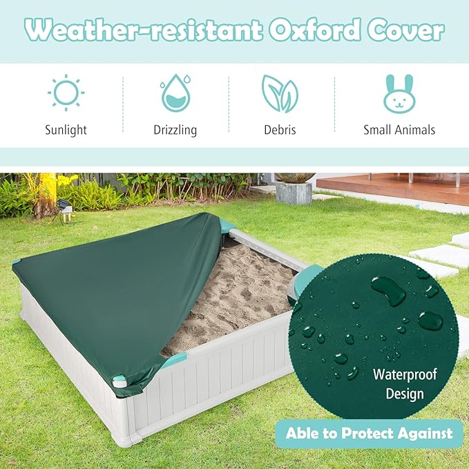 HONEY JOY 12.5 Kids Sandbox with Cover, 48 x 48 Inch Large HDPE Pit for Backyard, 4 Corner Seats & Bottom Liner, Sand Protection, All Weather Resistant Sand Boxes for Kids Outdoor (White)
