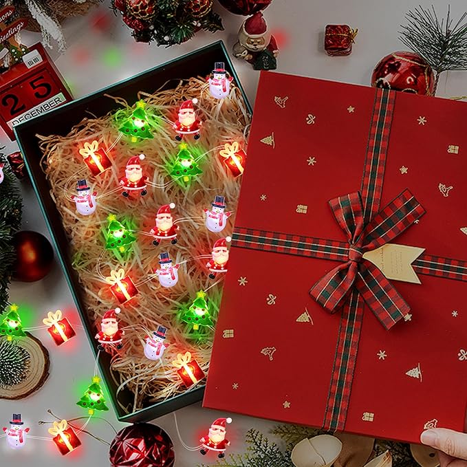 Christmas String Lights 12FT 32 LED Christmas Tree Santa Clause Snowman Gift Box Xmas String Lights Battery Operated Holiday Fairy Lights for Tree Light Decorations Table Home Indoor Holiday Decor