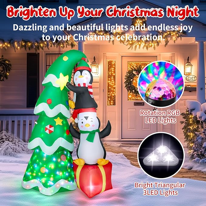 7FT Inflatable Christmas Tree Outdoor Decorations, Blow up Christmas Tree with Penguins & Gift Box Yard Decorations, Build-in LED Lights for Holiday Party Indoor Garden Lawn Patio Festive Decor