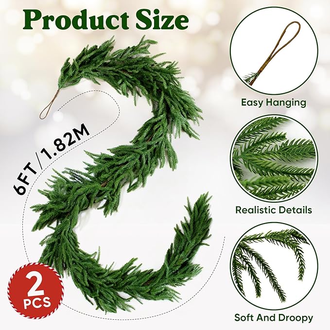 2 Pcs 6 Ft Artificial Norfolk Pine Garlands, Real Touch Christmas Pine Garland, Green Artificial Greenery Garland for Table, Mantle, Wall, Indoor, Outdoor Christmas Decorations
