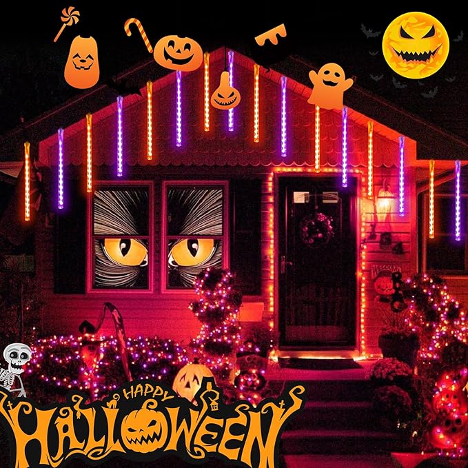 Halloween Lights Outdoor, 2 Pack Extendable Meteor Shower Lights Outdoor Waterproof with Timer, Total 384 LED 30cm 16 Tubes Cascading String Light Plug in for Halloween Yard Party (Orange and Purple)