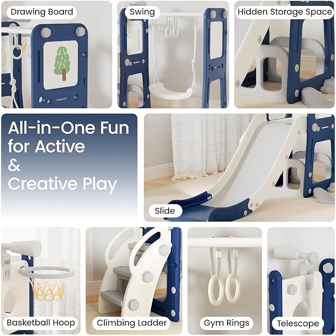 9 in 1 Toddler Slide and Swing Set with Basketball Hoop, Drawing Board, Rings & Telescope Indoor Outdoor Playset for Kids, Playground Activity Center, Toddler Swing and Slide Set