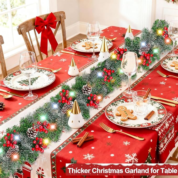 Timer 8 Modes - 9Ft by 10 Inch Prelit Christmas Garland with 50 Colorful Lights, Thick 270 Snowy Tips 70 Red Berry 10 Pinecone Battery Operated Real Touch Cedar Garland Xmas Door Mantle Indoor Outdoor