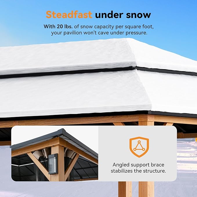 Modern Shade The Horizon Hardtop Gazebo 12' x 20' with 4 LED Lights, Permanent Outdoor Gazebo with Galvanized Steel Double Roof, Grill Pavilion with Decor Hooks, Mosquito Nettings, Wood-Looking