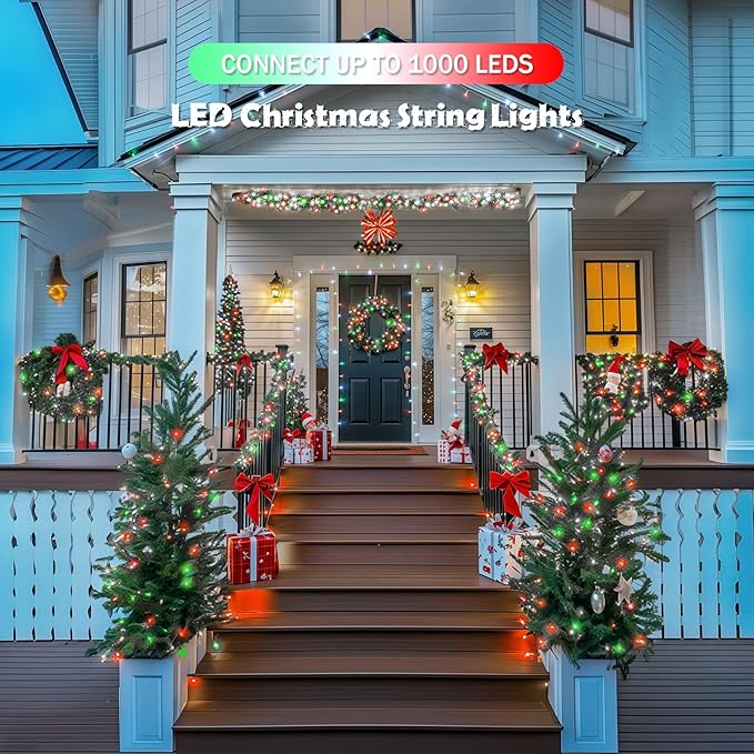 JMEXSUSS 2 Pack 100 LED Red White and Green Christmas Lights, 8 Modes Christmas String Lights Plug in Indoor, Clear Wire LED String Light Outdoor Waterproof for Xmas Tree Decorations