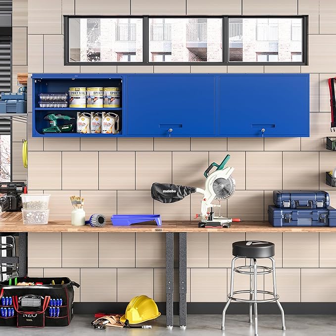 Metal Wall Cabinet with Locking Door and Shelf, Hanging Garage Cabinets with Up-Flip Doors for Garage, Warehouse, Home, Office, Assembly Required (Blue, One Cabinet)