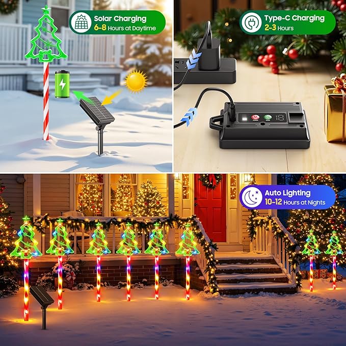 12 Pack Christmas Decorations Outdoor, Solar Christmas Tree Lights with 156 Bright LED and 10 Lighting Modes, 7 Colorful Waterproof Xmas Decor for Pathway Yard