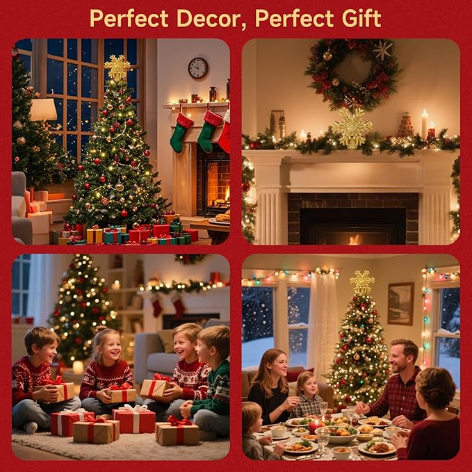 Christmas Tree Topper Lighted with Built-in LED Rotating Snowflake Projector, 3D Hollow Glitter Gold Snowflake Tree Topper for Xmas Party Holiday Christmas Decorations