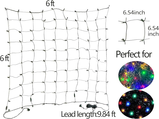 LED Christmas Net Lights Outdoor Christmas Decorations for Bushes,144LED 6ftx6ft Connectable Green Wire Net Christmas Lights for Outdoor indoor Yard Mesh Shrub Tree Decor ,UL Certified(Multicolor)