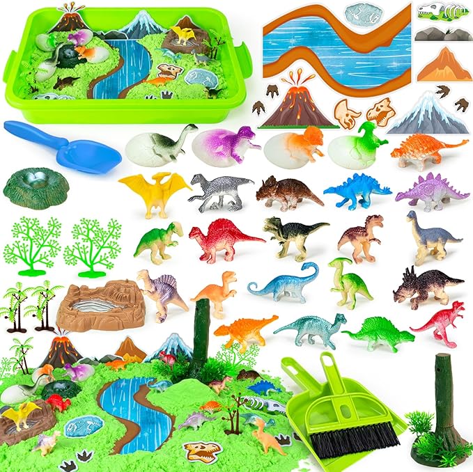 Sensory Bin, 49 Pcs Dinosaur Sandbox Kits with 2.2lb Magic Sand & Dinsoaur Figures, Play Sand Art Kit for Boys Girls Toddles Sensory Bins Sand Toys Birthday Gift Dinosaur Party Favors