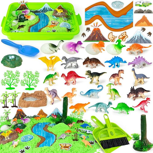 Sensory Bin, 49 Pcs Dinosaur Sandbox Kits with 2.2lb Magic Sand & Dinsoaur Figures, Play Sand Art Kit for Boys Girls Toddles Sensory Bins Sand Toys Birthday Gift Dinosaur Party Favors