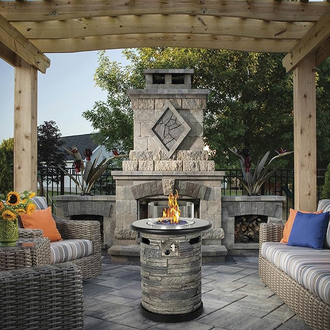 Outdoor Propane Fire Pit Table, Round Porcelain Tile Top 22 Fire Bowl Column W/ 40,000 BTU Firepit Table Auto-Ignition 400D Cover Glass Rocks for Outside Patio