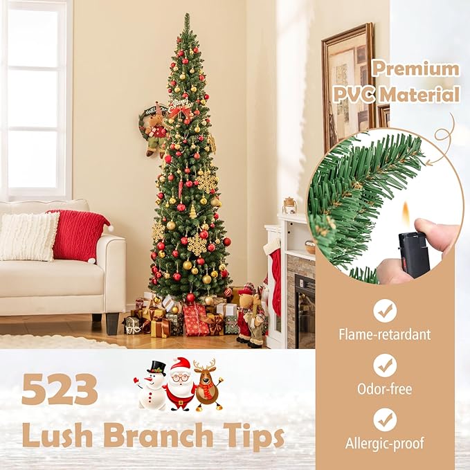 GOFLAME 7FT Prelit Pencil Christmas Tree, Slim Artificial Xmas Tree with 523 Memory Wire Branch Tips, 190 Warm White LED Lights & Upgraded Metal Stand, Seasonal Holiday Decoration Tree for Home Party