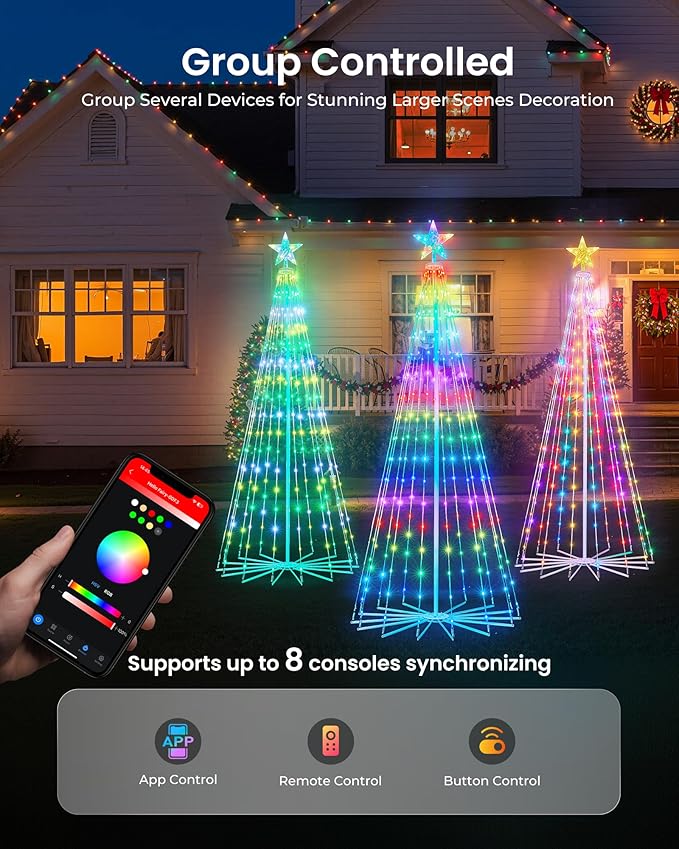 Smart Christmas Cone Tree LED Light, 6ft 265 LED Music Sync with Remote APP and Local Control, Pattern and Text Displayable, 16 Million Colors LED Light Show Tree for Indoor Outdoor Decorations
