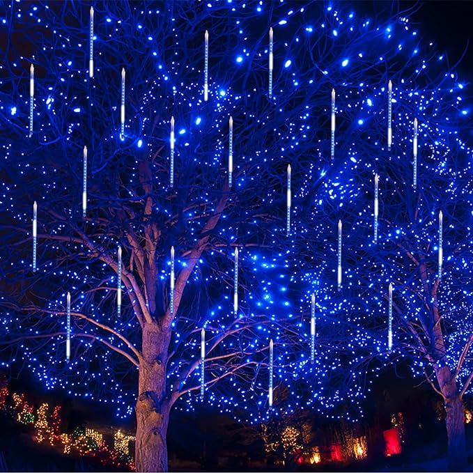 LJLNION Meteor Shower Lights, 12 Inch Outdoor Icicles Christmas Lights, 8 Tubes 288 LED Iciclelights Snow Falling Light, Connectable Raindrop Light, Xmas Wedding Party Tree Holiday Decor, Blue