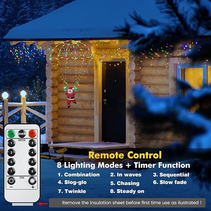 Christmas Decorations Lights Outdoor, 2.8ft LED Christmas Parachute Light with Santa Claus, 8 Modes & Timer Battery Operated Hanging Xmas Lights for Roof Eave Balcony Home Garden Decor (Red Green)