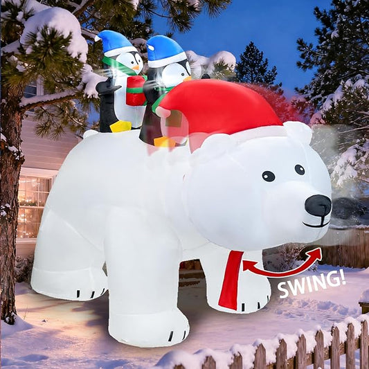 DearSun 7FT L Christmas Inflatable Penguins on Polar Bear with Shakable Head, Blow up Christmas Inflatable with Build-in LED Lights Outdoor Party Yard Decoration