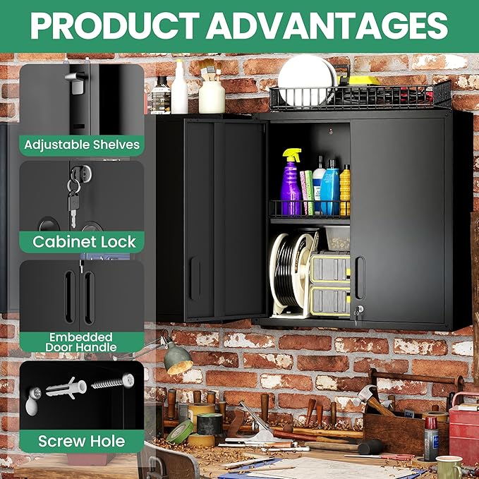 Garage Wall Cabinet,29.5 W Wall Mounted Garage Cabinets with Adjustable Shelf,Heavy Duty Lockable Metal Cabinet,Secure Hanging Tool Cabinet for Basement,Laundry Room,Basement,Workshop,Black