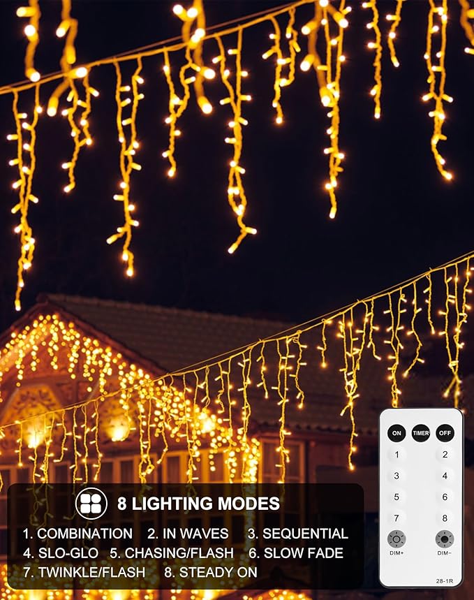 Icicle Lights for Outside Christmas Outdoor 400 LED 39FT Warm White, 64 Drops 2700K Lights with Remote/8 Modes/Timer, IP44 Waterproof for Roof Gutter Wedding Holiday Decorations