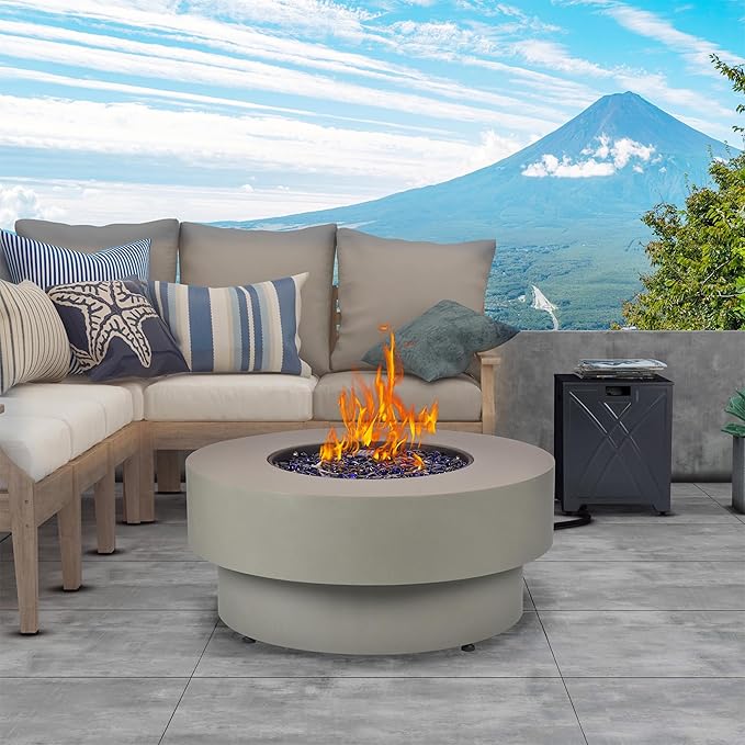 32.5-inch Outdoor Propane Fire Pit with 20lb Tank Cover, 50,000BTU Propane Fire Pits for Outside Patio w/Round Burner Lid, Glass Rocks, Pre-Attached 10ft External Hose