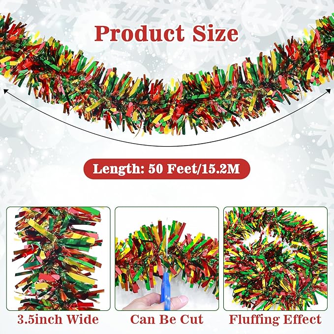 LEASEN 50 Feet Christmas Tinsel Garland Metallic Twist Garland Shiny Hanging Garland Ornaments for Christmas Tree Holiday Home Party Supplies Indoor Outdoor Decoration Red Green Gold