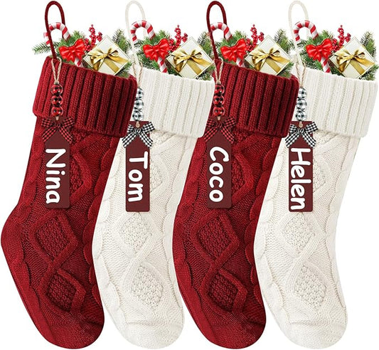 Christmas Stockings 18 Inches,Long Knitted Stocking with Name Tags, Christmas Decoration Hanging Stockings Fireplace Xmas Tree Ornaments for Home Family