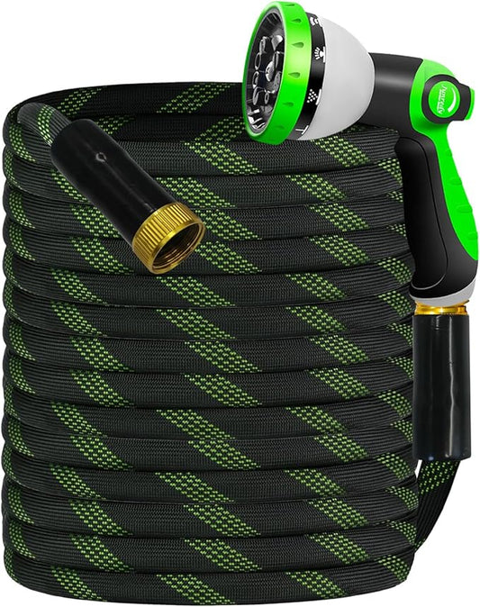 Garden Hose 50 FT, NON-EXPANDABLE Heavy-Duty Flexible & Lightweight Water Hose with 10-Function Nozzle, No-Kink Design, Leak-Proof Super Fabric, Solid Fittings for Lawn, Car, RV
