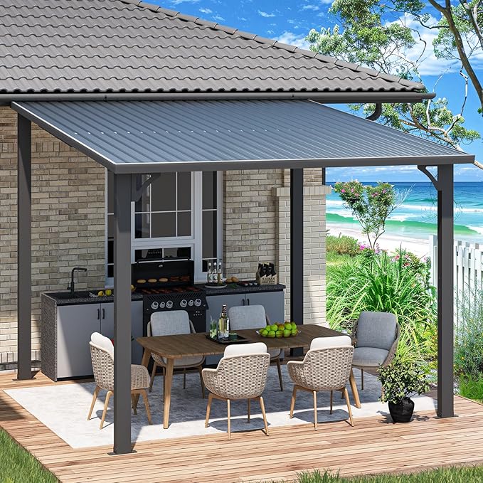 U-MAX 10' x 10' Outdoor Pergola Hardtop Gazebo, Wall-Mounted Heavy Duty Lean to Metal Awnings Gazebos on Clearance for Patio, Large Galvanized Steel Pergolas and Gazebo for Outdoor Use