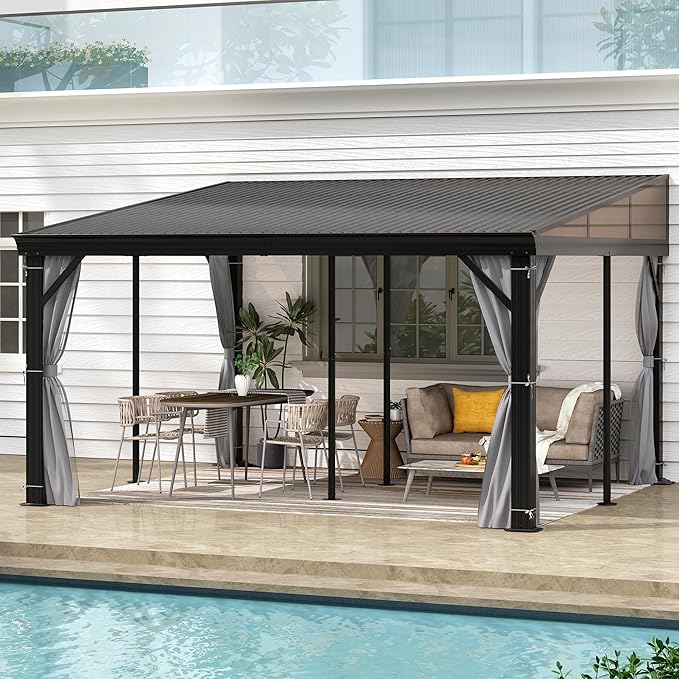 12' x 14' Hardtop Wall Mounted Gazebo, Lean to Gazebo with Galvanized Steel Roof Aluminum Frame Wall Gazebos Pergola with Netting&Curtains for Outdoor, Backyard, Patio