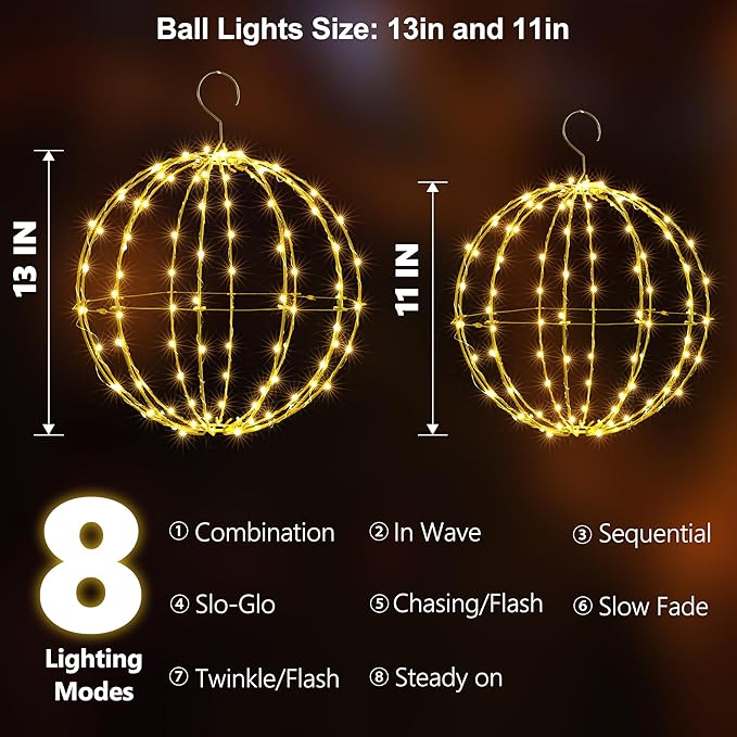 Joomer Christmas Solar Ball Lights, 13IN & 11IN Foldable Metal Sphere Lights Waterproof 8 Modes with Hook, Solar Powered Hanging Globe Light for Outdoor Christmas Decoration (2 Pack, Warm White)