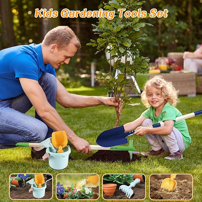 Mostop Kids Gardening Tools Set, Gardening Set for Kids, Outdoor Backyard Farm Digging Toys with Wheelbarrow, Metal Shovel, Rake, Leaf Rake, Outside Garden Wagon Toys Birthday Gifts for Boys Girls 4-8
