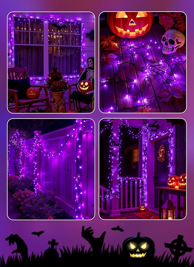 Brightown 4 Pack Halloween Solar String Lights, Total 184FT 480 LED Solar Lights Outdoor Waterproof Black Wire with 8 Modes, Solar Fairy Light for Garden Yard Patio Party Decors, Purple