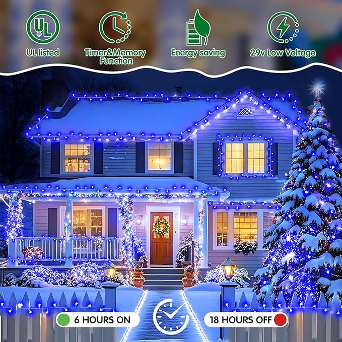Heceltt Christmas Lights Outdoor, 125FT 350 LED String Lights 8 Modes and Timer Memory Function Twinkle Fairy Lights Waterproof Plug in for Xmas Tree Wedding Party Holiday Decor(Blue)