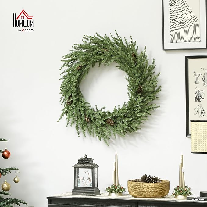 HOMCOM 24 inch Christmas Wreath with Pine Cones, Artificial Norfolk Pine Wreath with 88 Realistic Branches for Door, Wall, Window, Indoor Decoration, Green