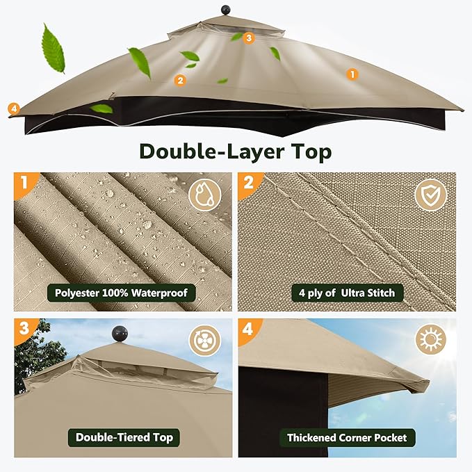 ABCCANOPY Riplock Gazebo Replacement Canopy Top for Lowe's Allen Roth #GF-12S004B-1, Khaki