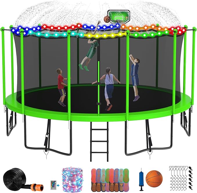 DeepRoar 2026 Upgraded 8FT 10FT 12FT 14FT 15FT 16FT Outdoor Tranpoline for Kids, Big tranpoline with Basketball Hoop, Lights, Sprinkler & Socks, Heavy Duty tranpoline 1500LB, ASTM Approved Tranpoing