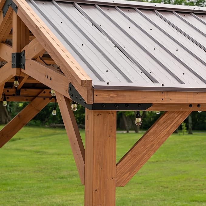 Backyard Discovery Norwood 16 ft. x 12 ft. Cedar Wood Gazebo,Thermal Insulated Steel Roof, Durable, Supports Snow Loads and Wind Speed, Rot Resistant, Backyard, Deck, Garden, Patio Light Brown